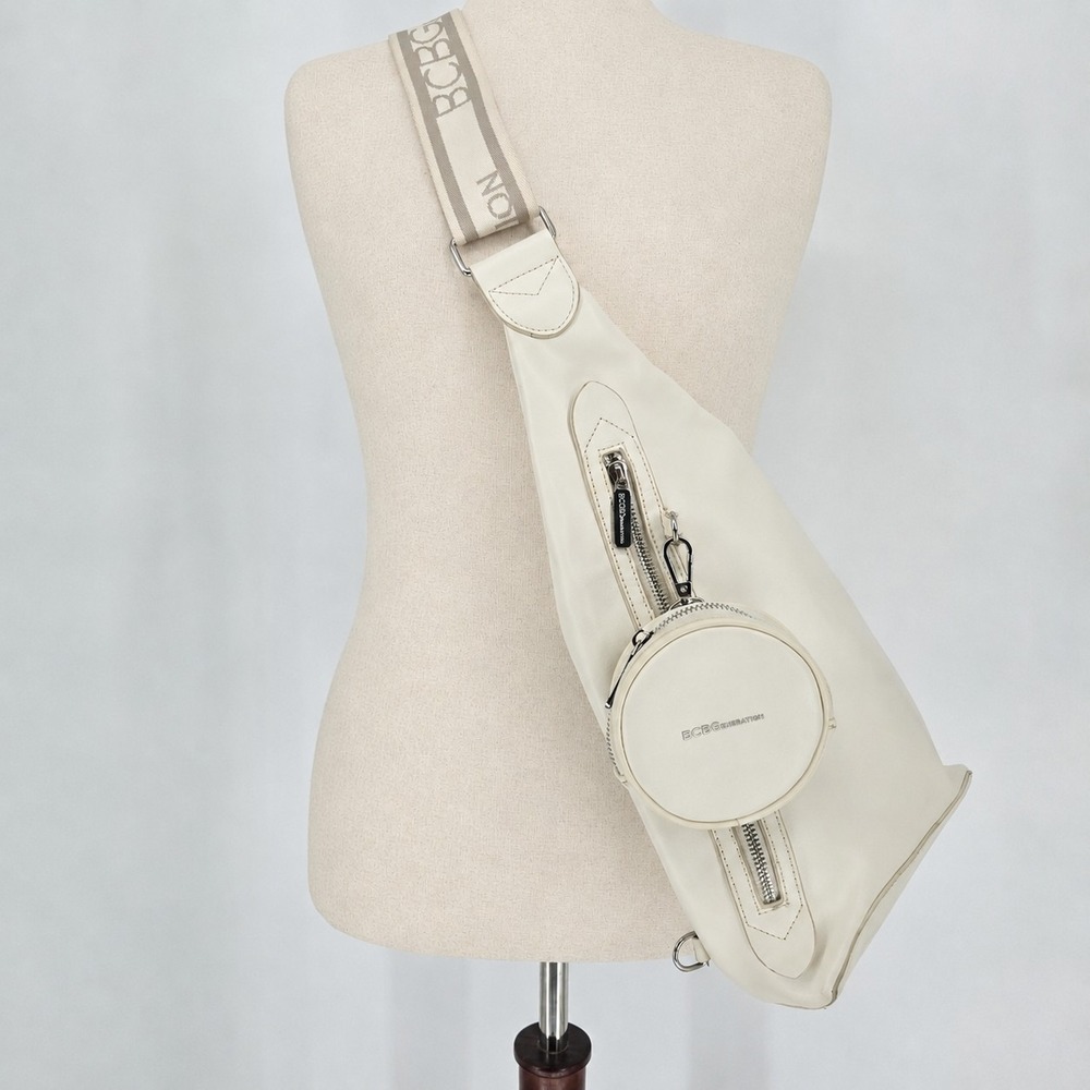 BCBGeneration Cream Sling Bag Logo Strap Faux Leather Crossbody Belt Bag Ivory